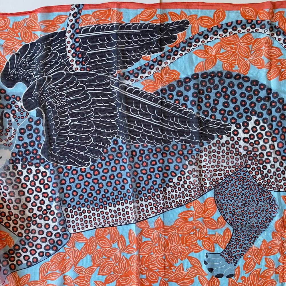 Inouitoosh Cotton and Silk Wing Cheetah Orange Blue Scarf 78"x38" - Picture 5 of 8